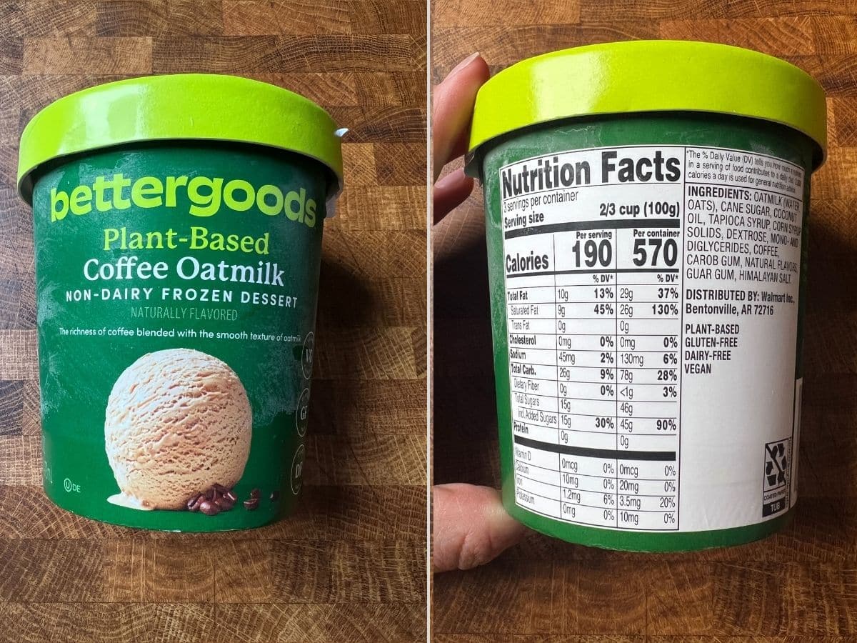 package of bettergoods plant based coffee ice cream on a table with a side image of the nutritional and ingredient label.