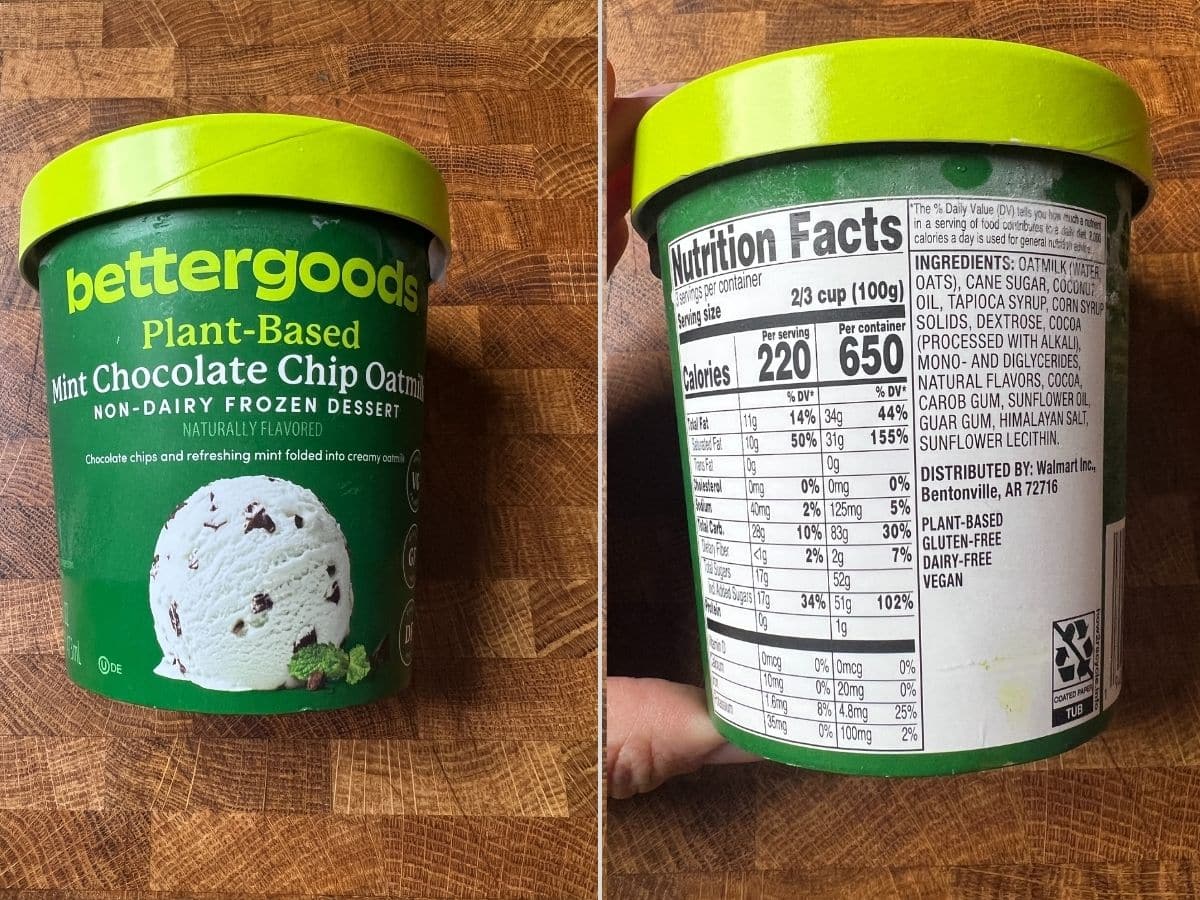 package of bettergoods plant based mint chocolate chip ice cream on a table with a side image of the nutritional and ingredient label.