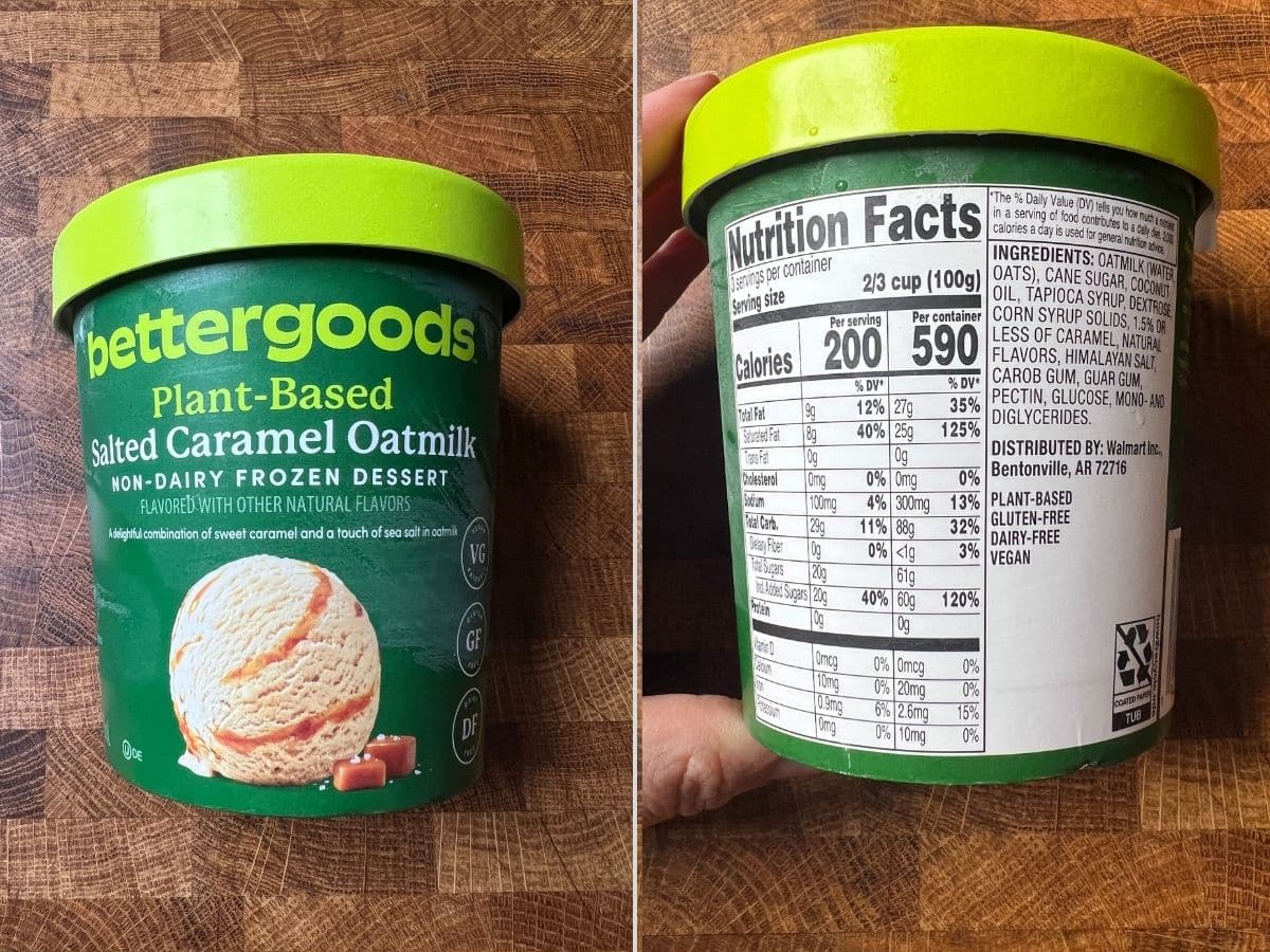 package of bettergoods plant based salted caramel ice cream on a table with a side image of the nutritional and ingredient label.