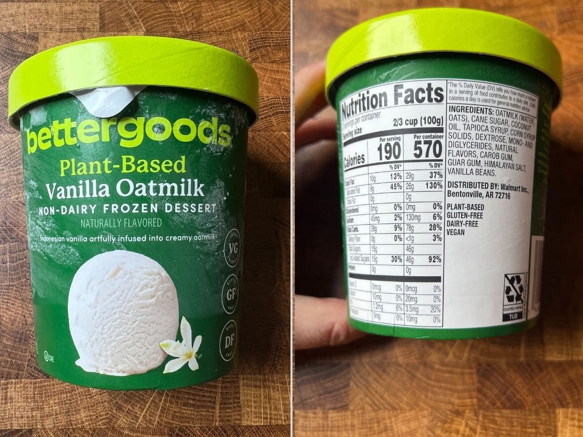package of bettergoods plant based vanilla ice cream on a table with a side image of the nutritional and ingredient label.