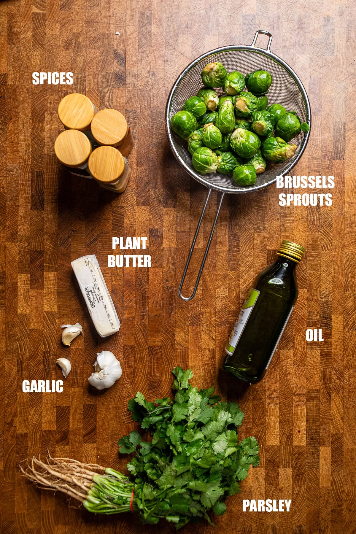 ingredients to make smashed brussels sprouts and lemon garlic butter sauce on a table.