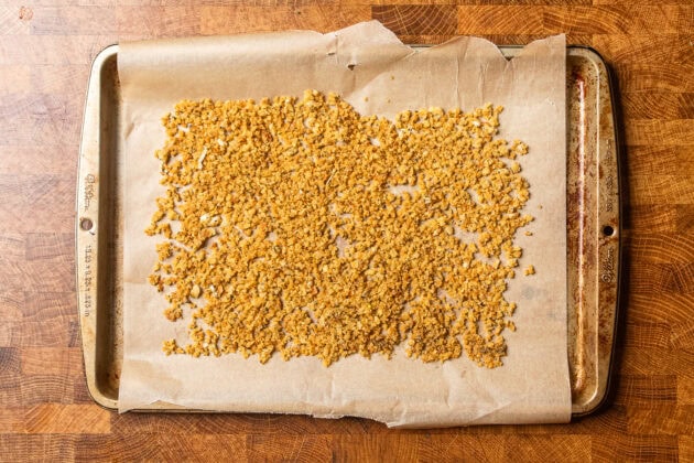 toasted breadcrumbs on a baking tray.