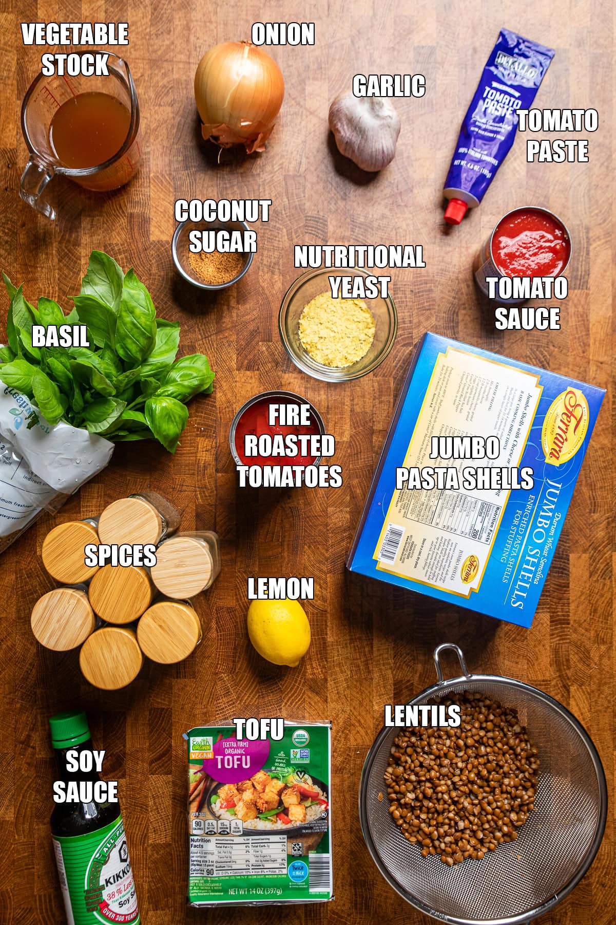 ingredients on a table to make vegan unstuffed shells.