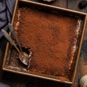 tiramisu baked oatmeal in a baking dish.