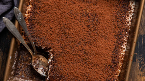 tiramisu baked oatmeal in a baking dish.