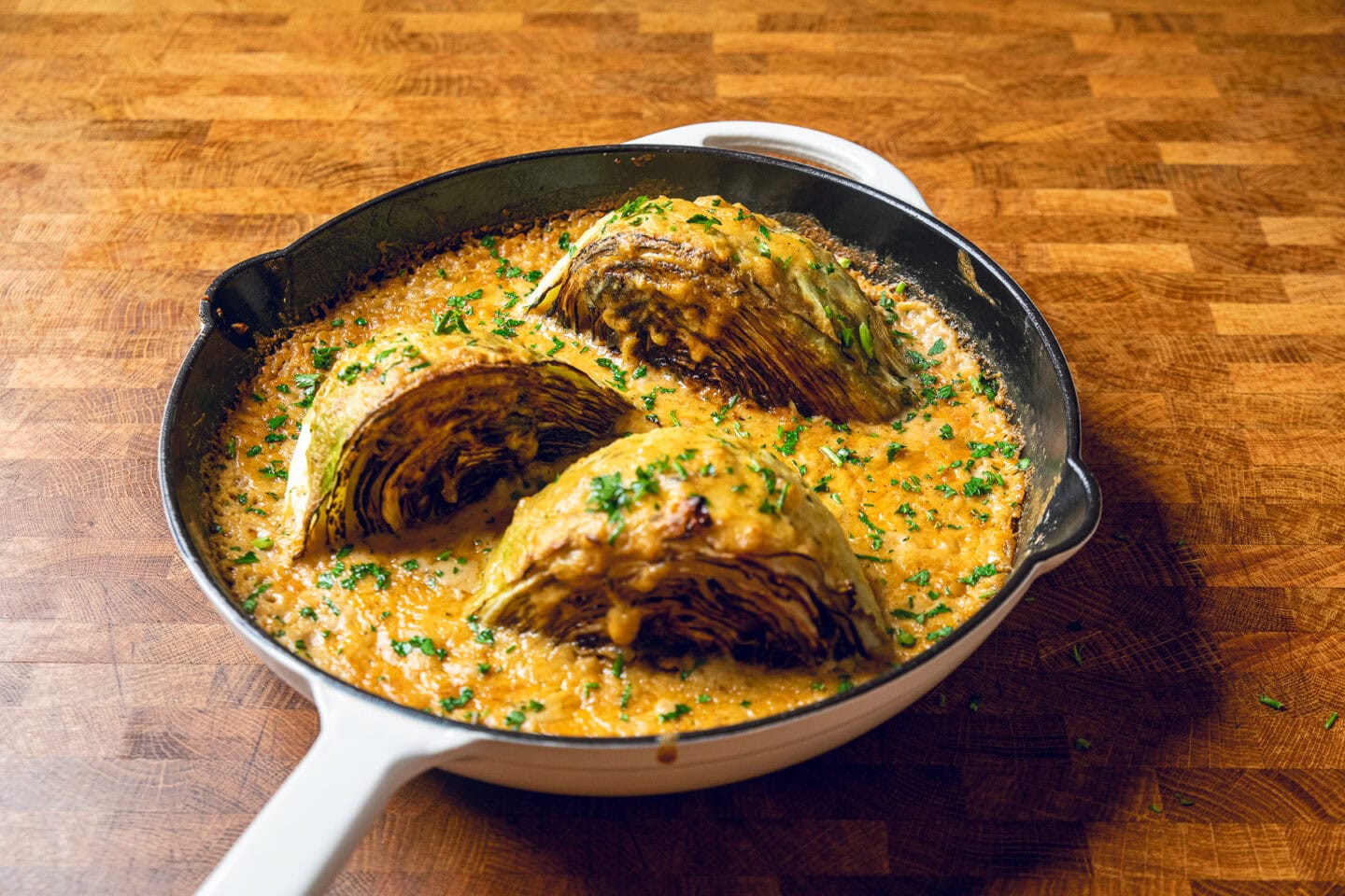 seared and roasted cabbage in a vegan garlic miso sauce.
