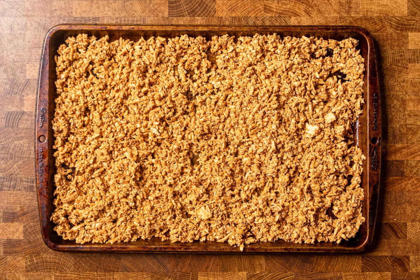 seasoned shredded tofu on a baking sheet.