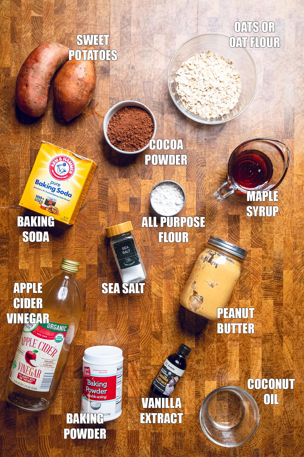 ingredients for sweet potato brownies on a counter.