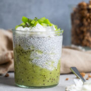kiwi coconut chia pudding in a glass jar.