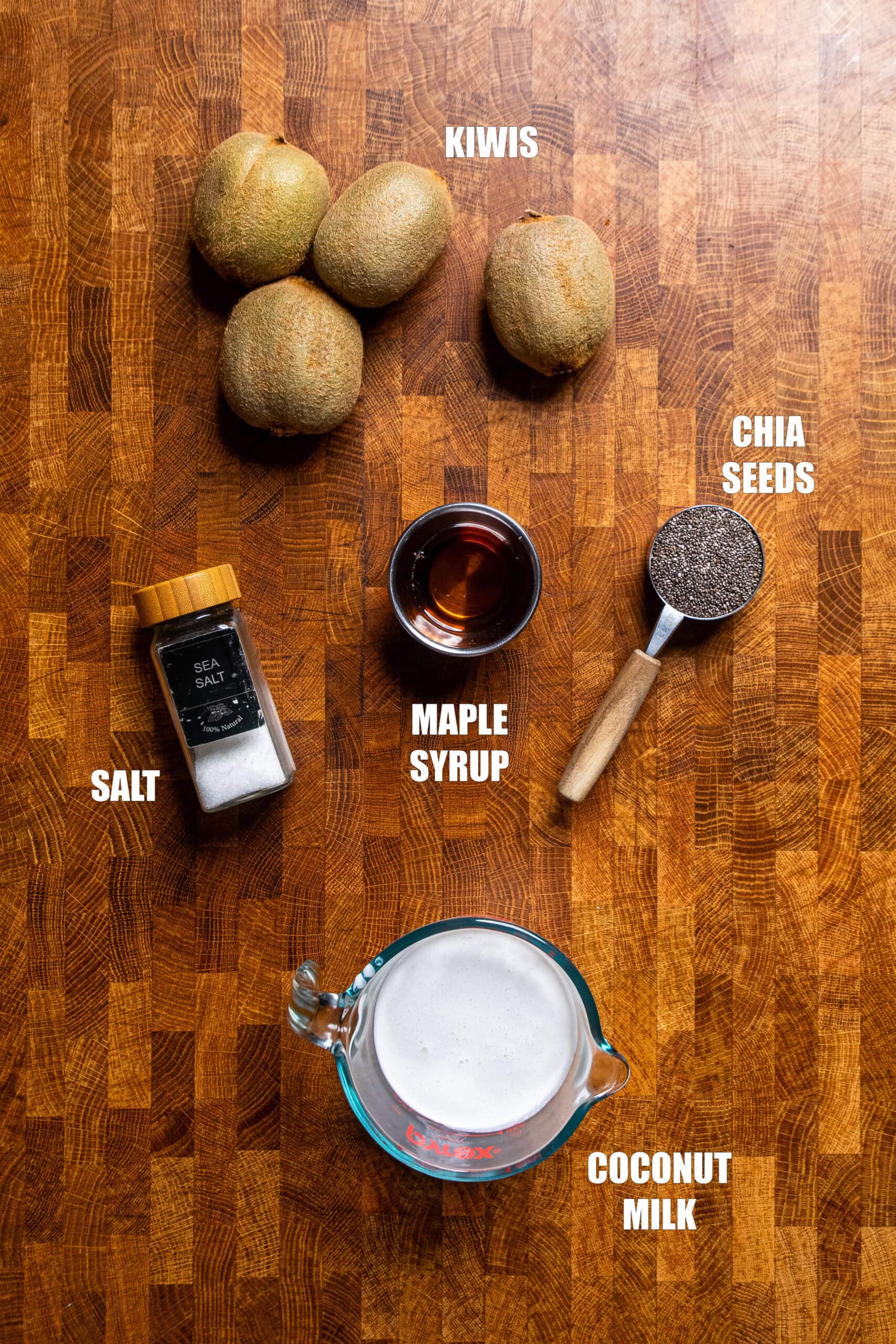 ingredients on a table to make kiwi coconut chia pudding.