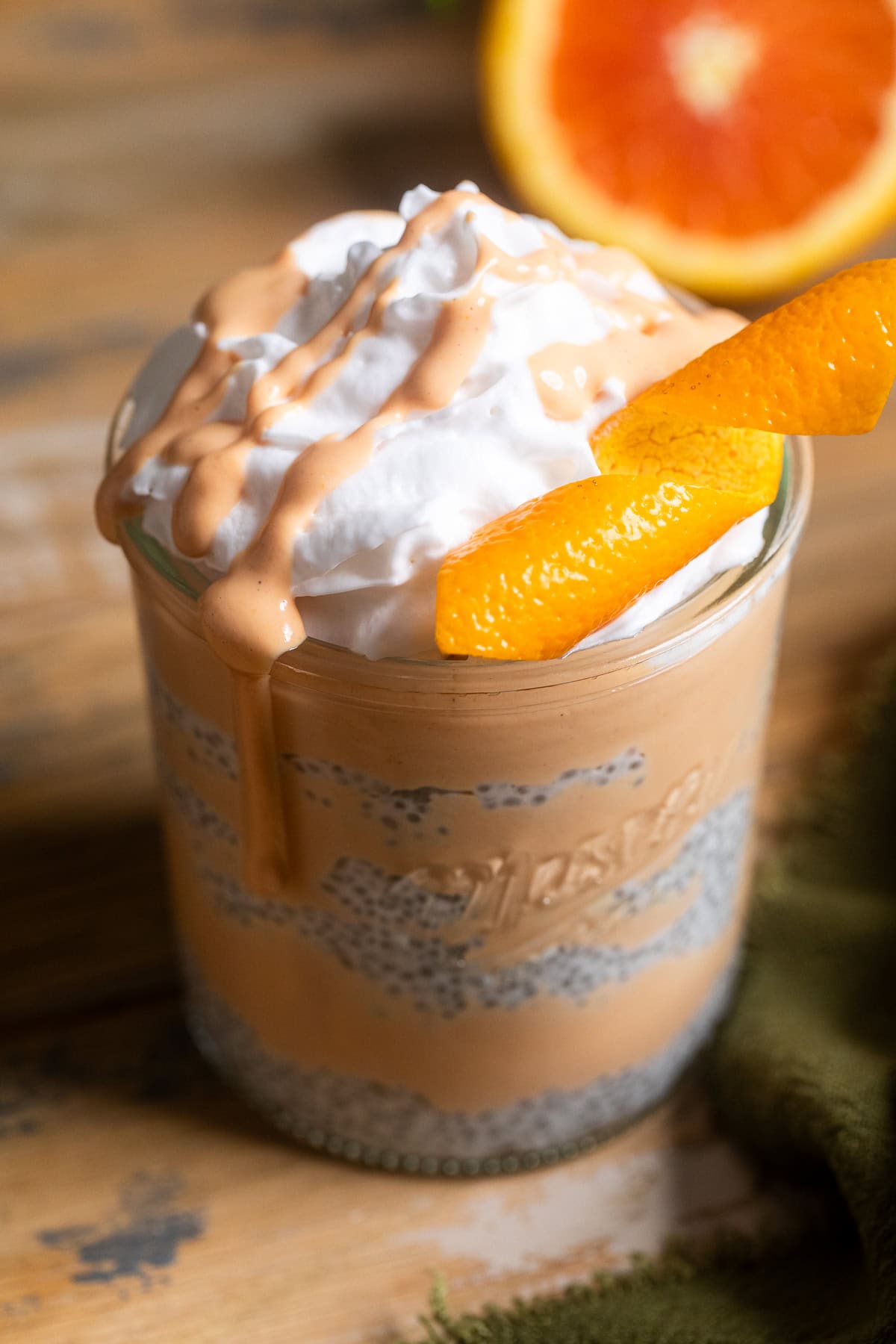 close up of orange creamsicle chia seed pudding.