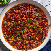 a skillet of chipotle red beans and rice.