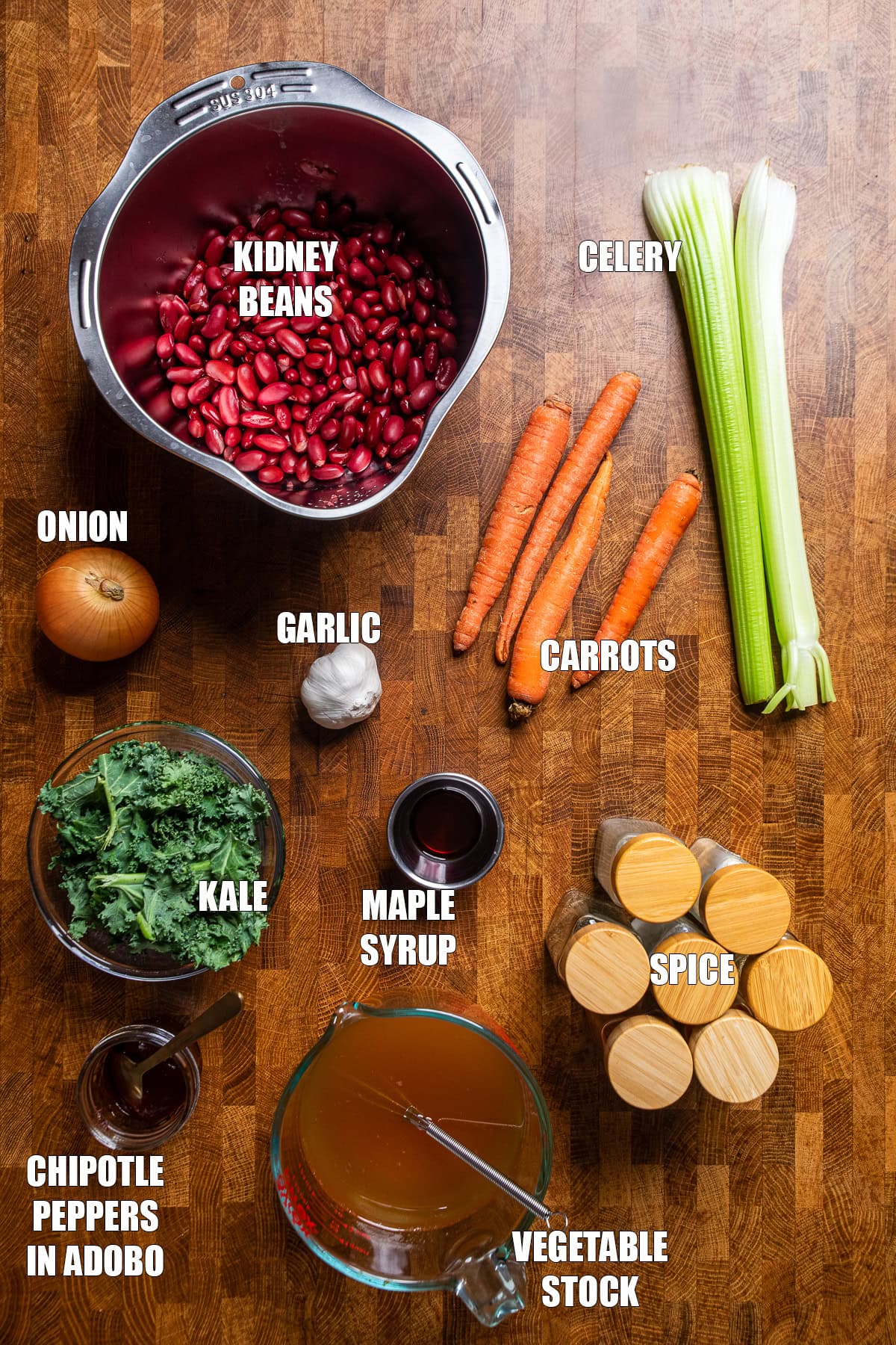 ingredients on a table to make chipotle red beans and rice.