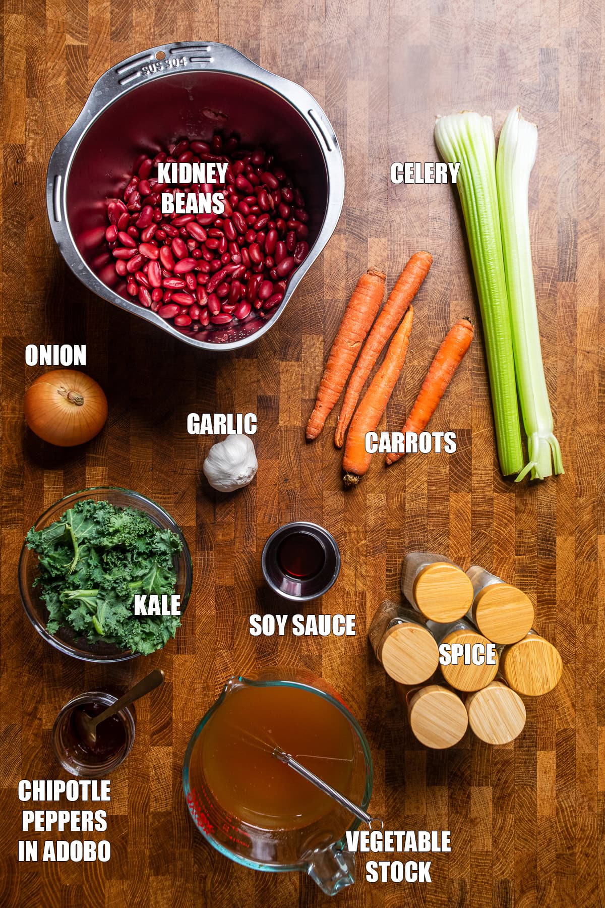 ingredients on a table to make chipotle red beans and rice.