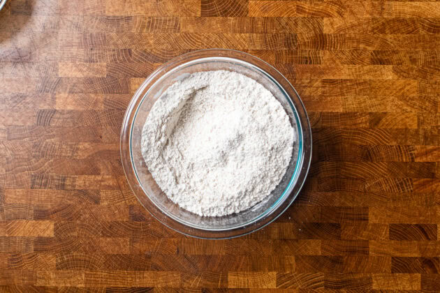dry ingredients mixed together in a glass bowl.