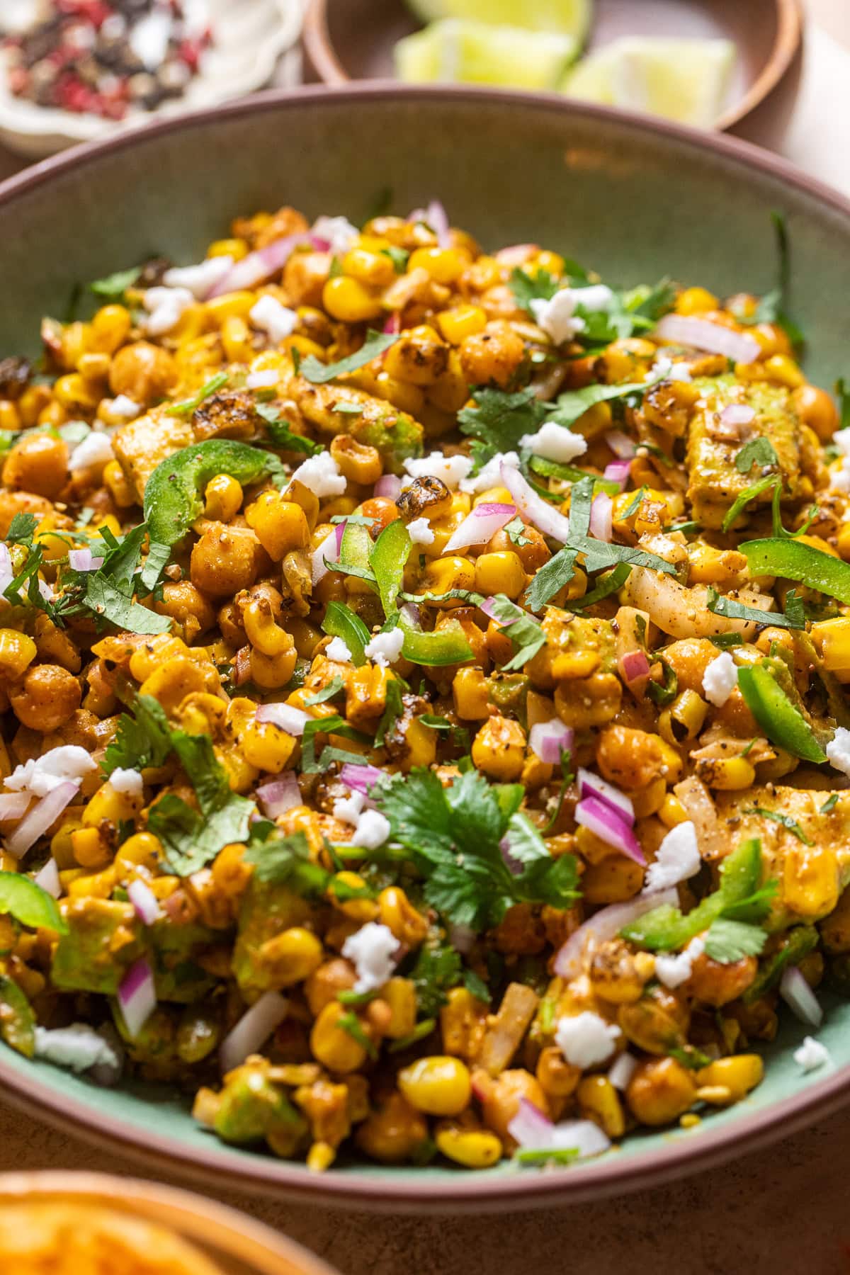 close up of chickpea elote salad.