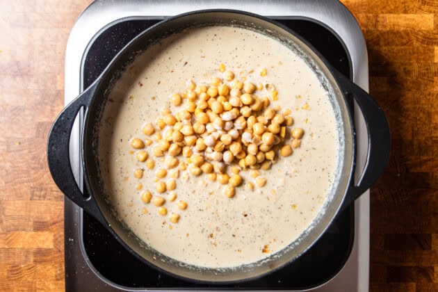 chickpeas added to a garlic lemon pepper sauce.