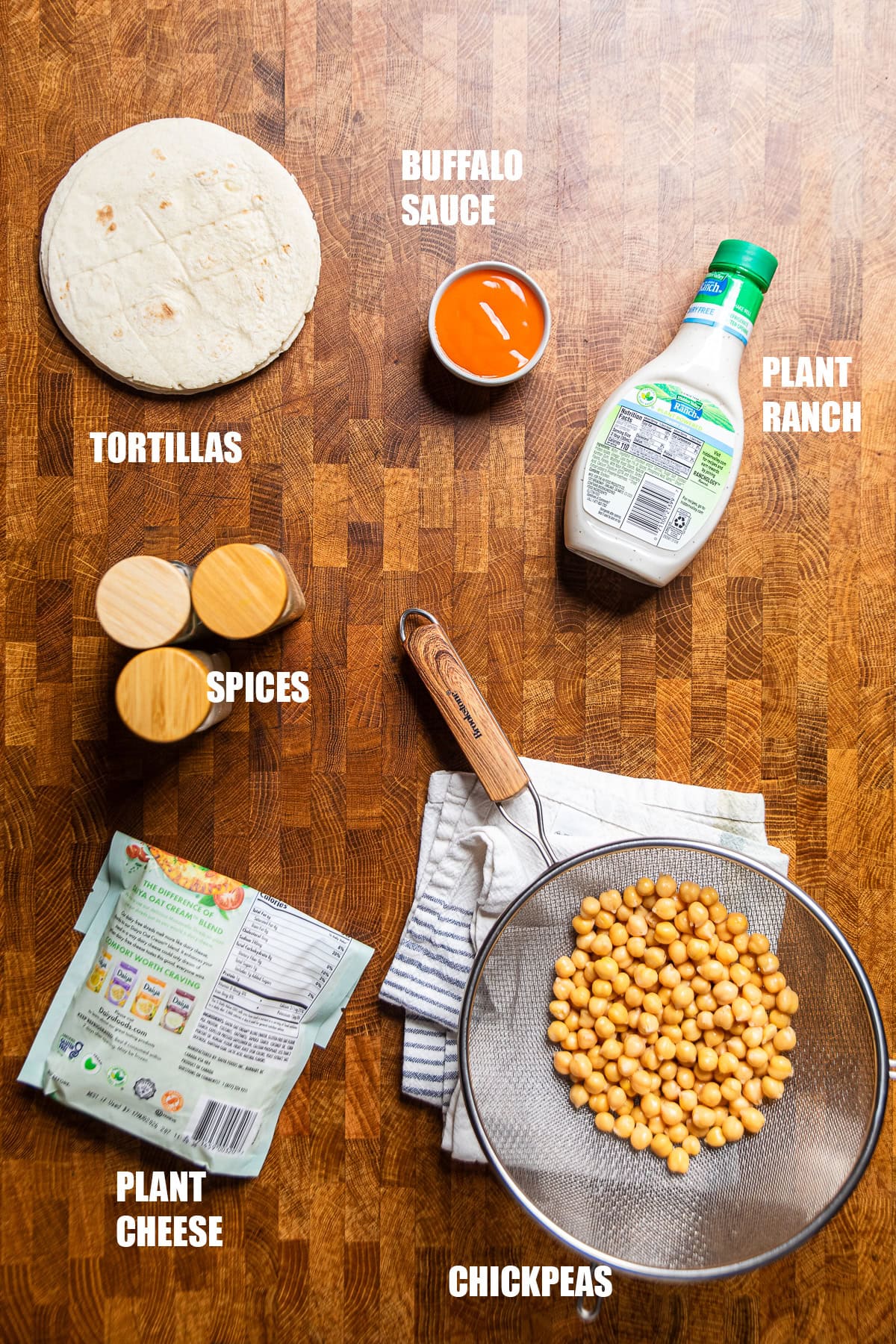 ingredients on a table for crispy buffalo ranch chickpea tacos.