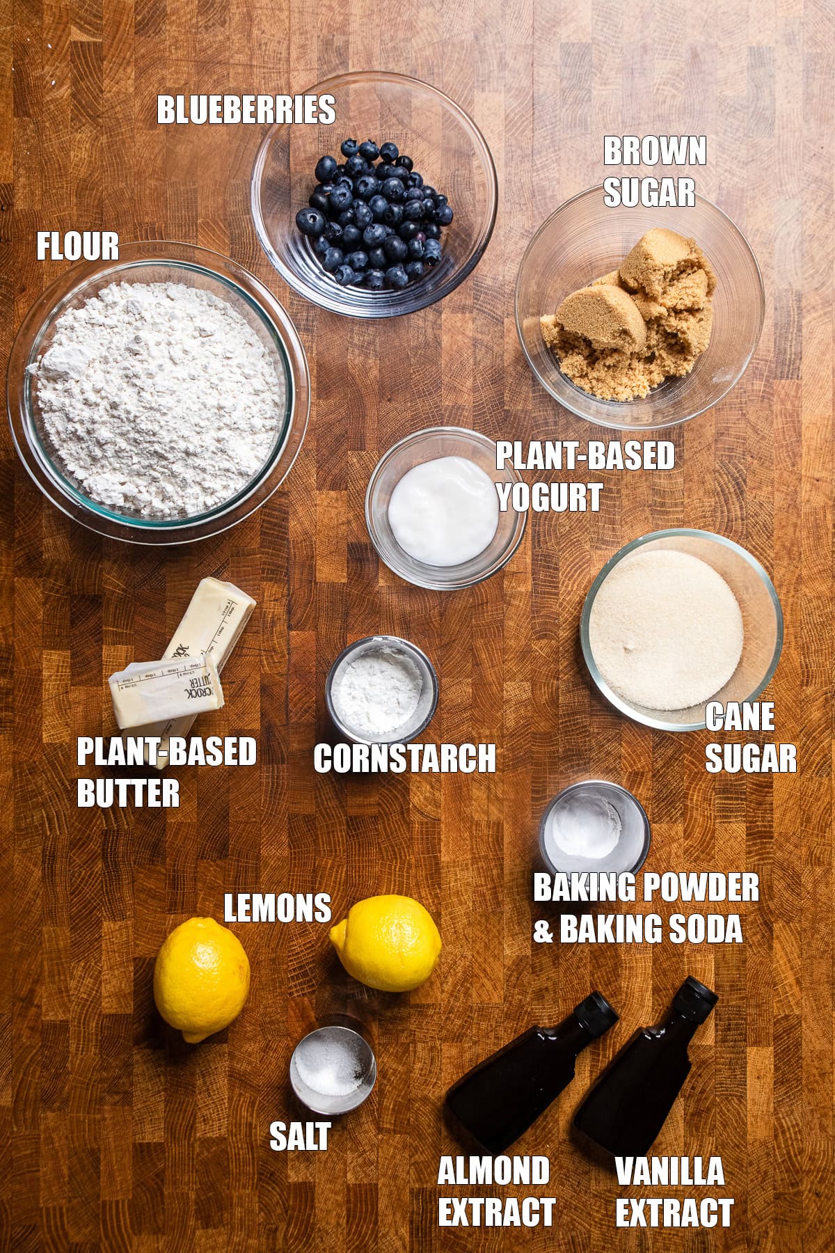 ingredients on a table to make lemon blueberry cookies.
