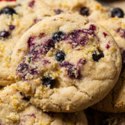 close up of a vegan lemon blueberry cookie.