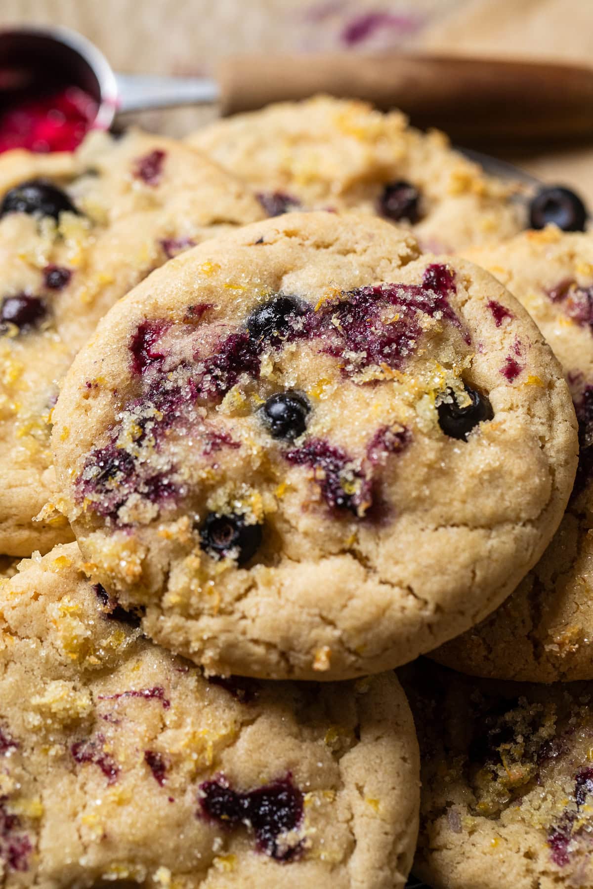 close up of a vegan lemon blueberry cookie.