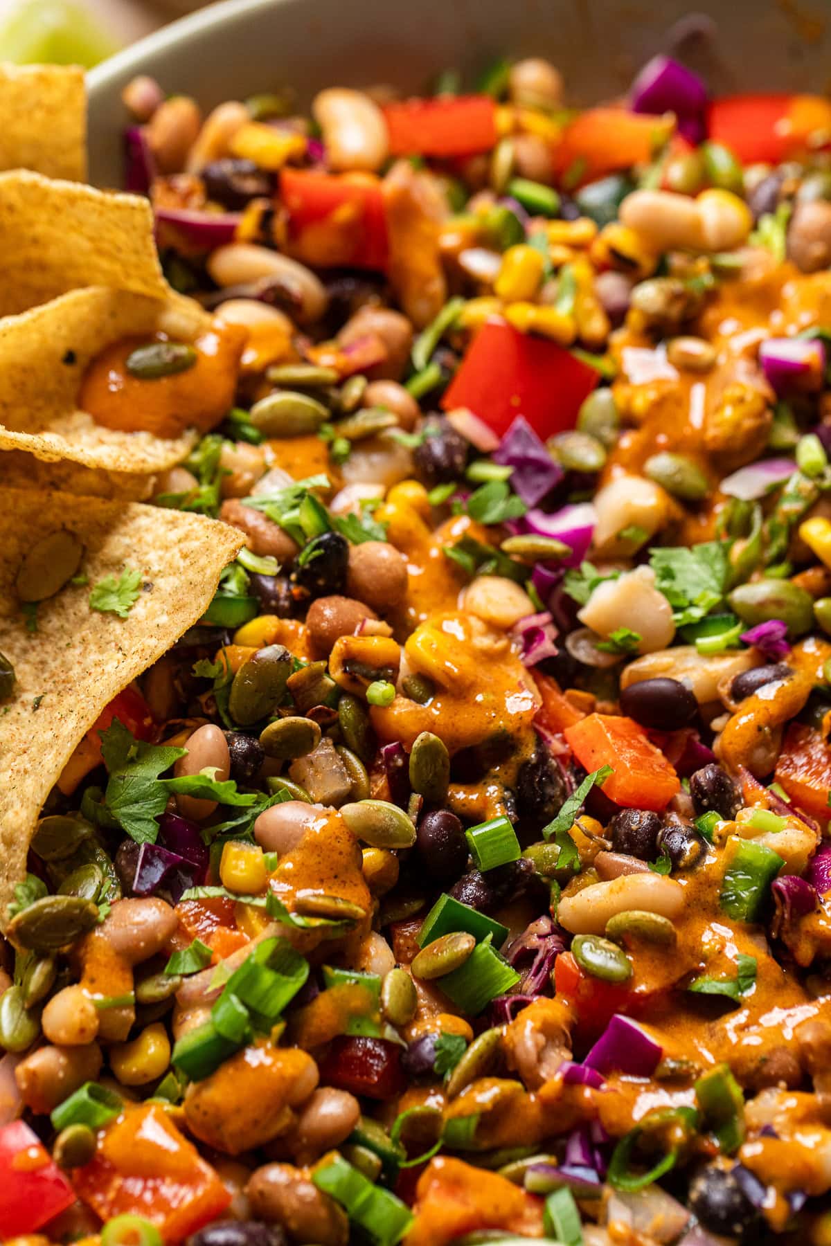 close up of a large bowl of southwest dense bean salad.