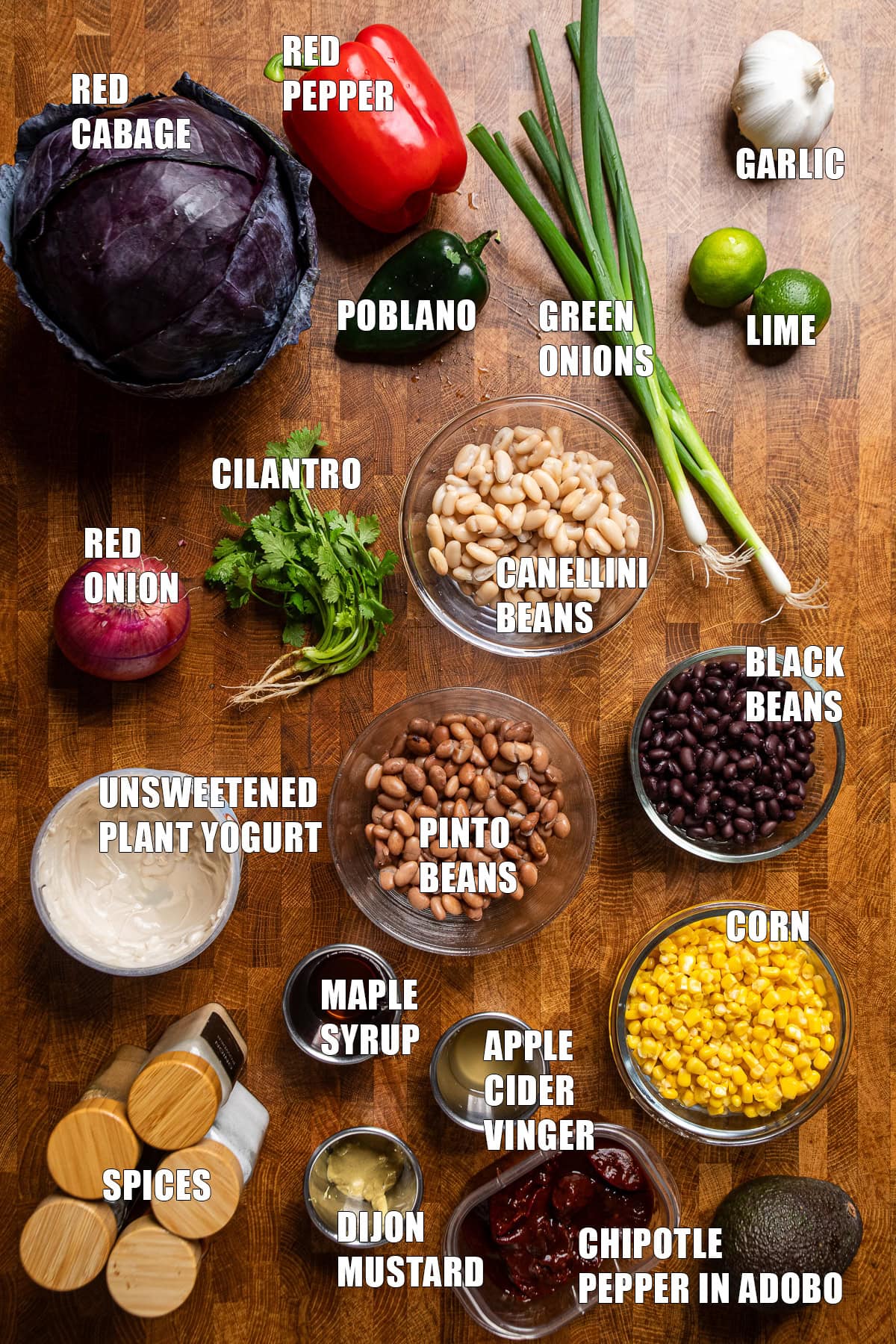 ingredients laid out on a table to make southwest dense bean salad.