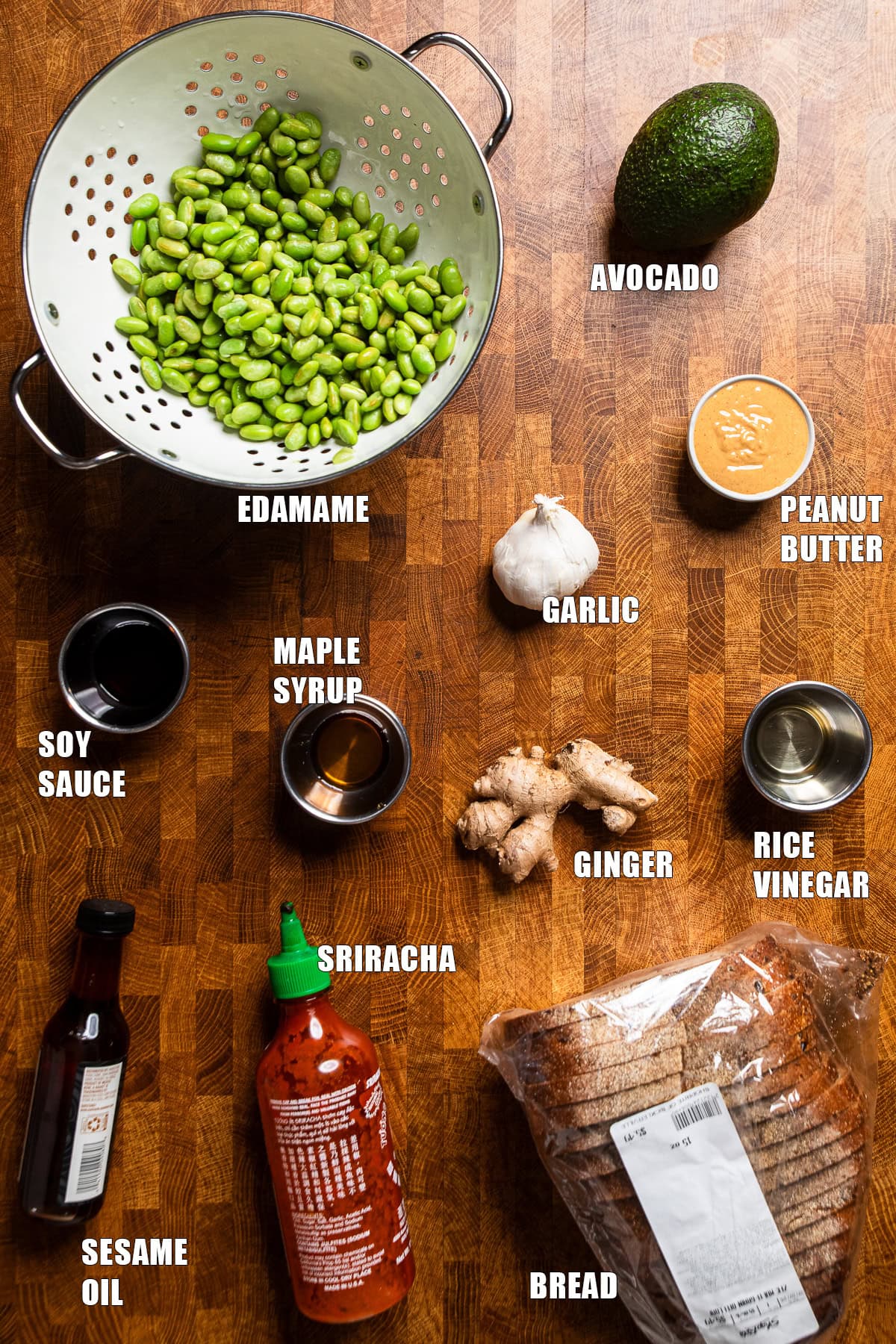 ingredients on a table to make spicy peanut edamame toast.