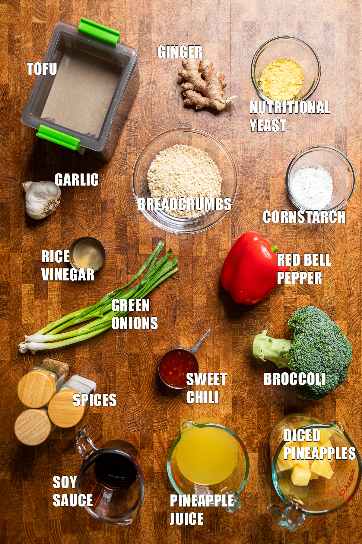 ingredients on a table to make sweet chili pineapple tofu meatballs.