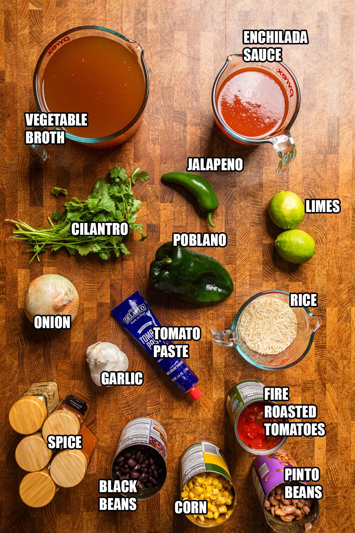 ingredients on a table to make vegan enchilada rice soup.