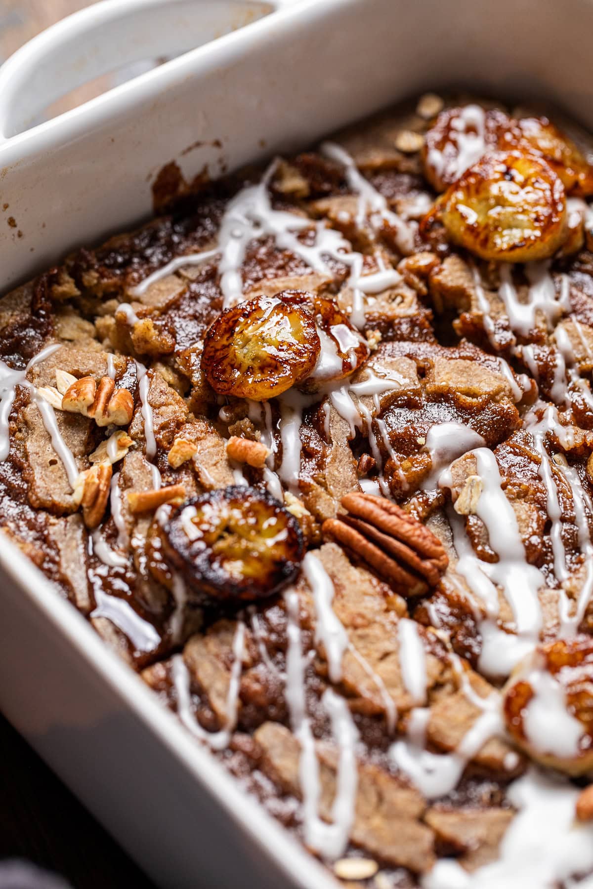 close up of cinnamon roll baked oatmeal.