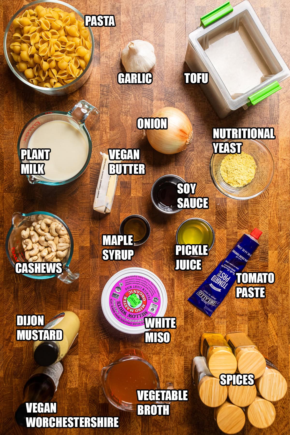 ingredients on a table to make vegan hamburger helper.