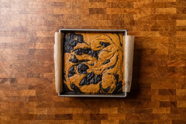 cooked pumpkin swirl brownies in a baking pan.