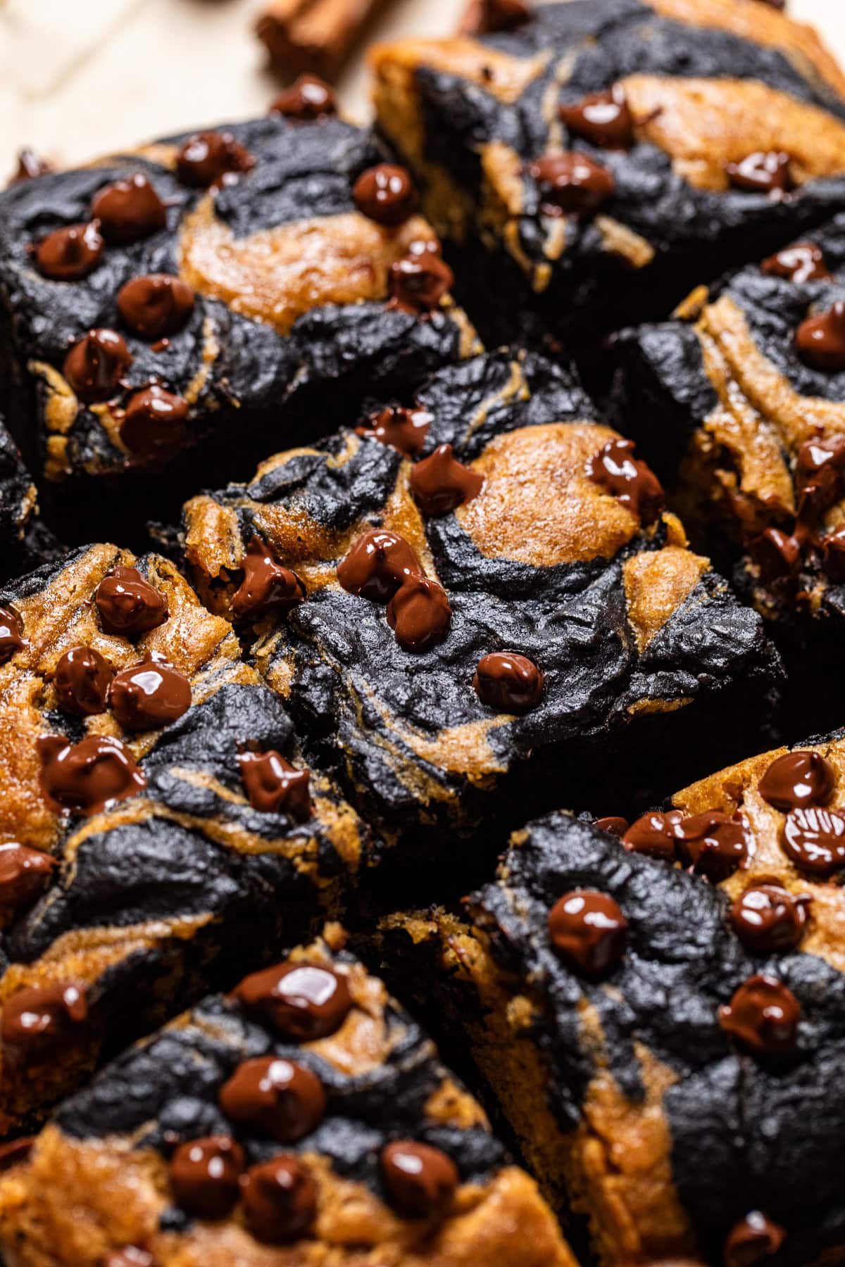 close up of vegan pumpkin swirl brownies topped with chocolate chips.