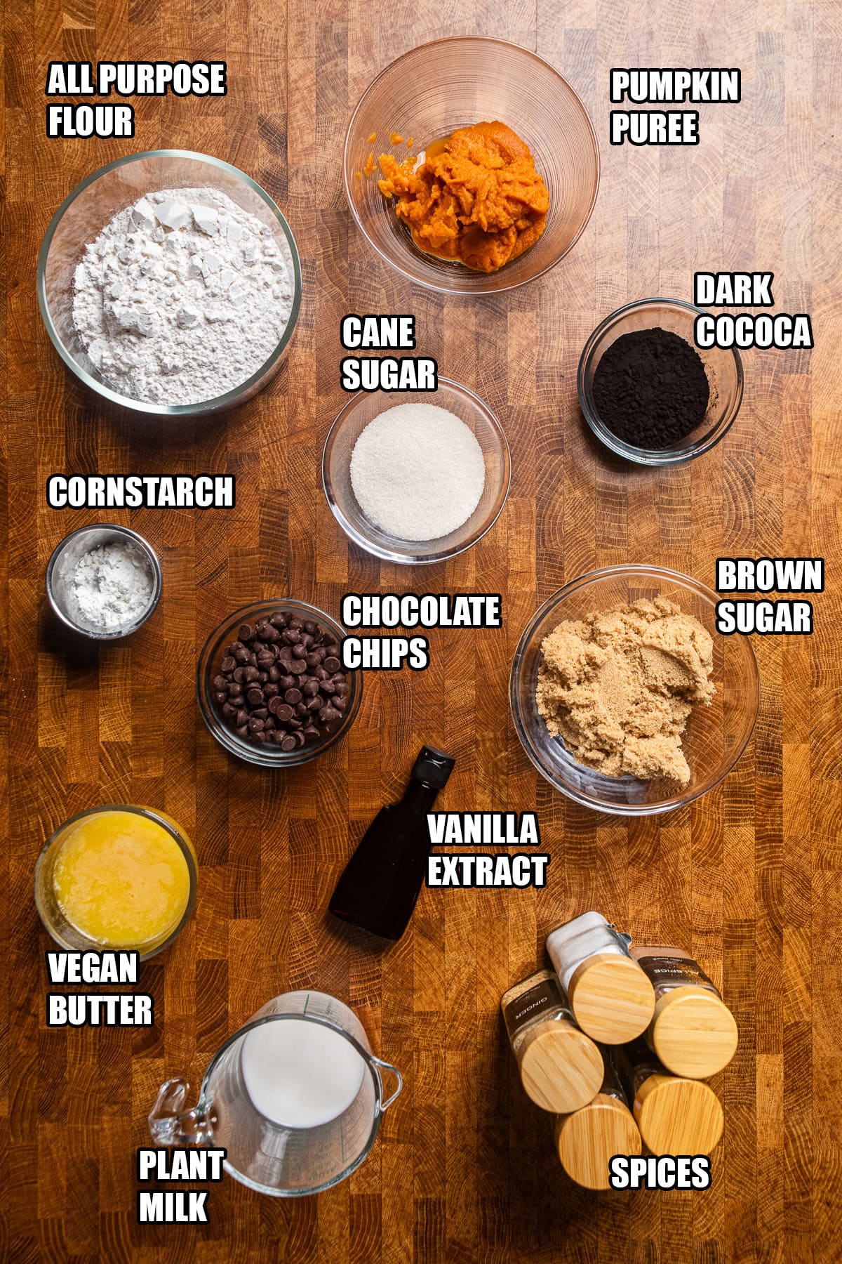 ingredients for pumpkin brownies laying on a table.