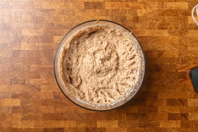 wet mixture for toffee pudding blended together in a bowl.